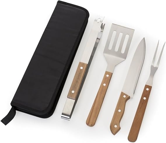 Kit Churrasco 5 Peças com Tábua de Corte em Bambu e Afiador Embutido – Faca, Garfo, Espátula, Pegador e Maleta – Presente para Amantes de Churrasco