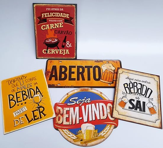 Kit com 6 placas decorativas em MDF - Churrasco - Bebidas - Cerveja