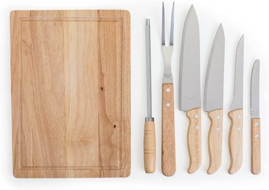 Genérico Kit de Churrasco 8 Peças com Tábua de Bambu