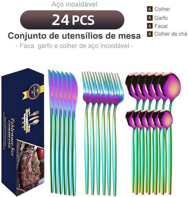 Talheres 24 Peças Aço Inox Faqueiros Com Colher Facas Garfo (Prata Eletrônica 24Peças)