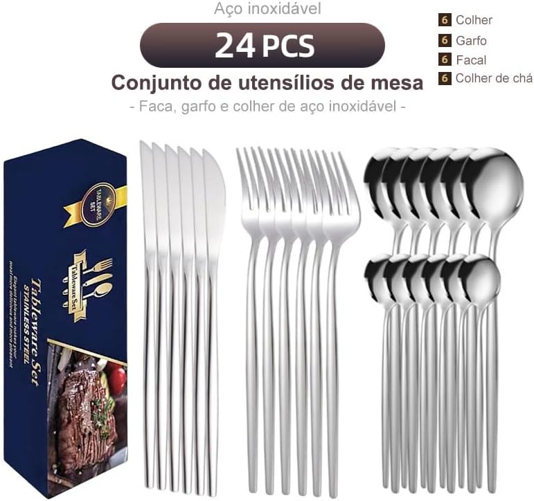 Talheres 24 Peças Aço Inox Faqueiros Com Colher Facas Garfo (Prata Eletrônica 24Peças)