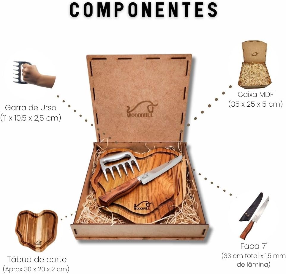 Kit Churrasco Edição Especial, com Ferramentas para Preparar e Servir Carnes com Estilo, Ideal para Churrascos, Festas e Presente, Tábua Artesanal, Faca Inox 7" e Garra de Urso – WOODBULL.