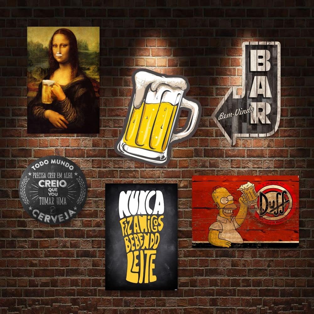 Kit com 6 placas decorativas em MDF - Churrasco - Bebidas - Cerveja