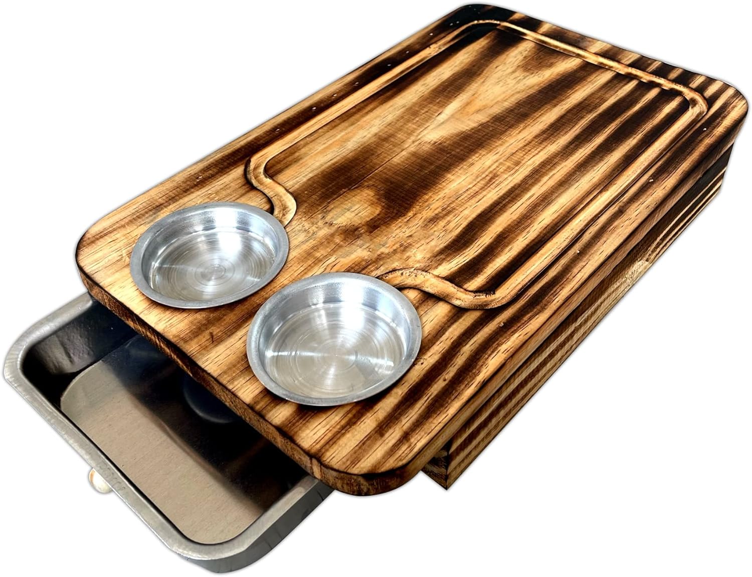 Kit Churrasco Premium com Tábua de Madeira Desenhada, 2 Potes Removíveis, Faca e Garra de Urso para Carne