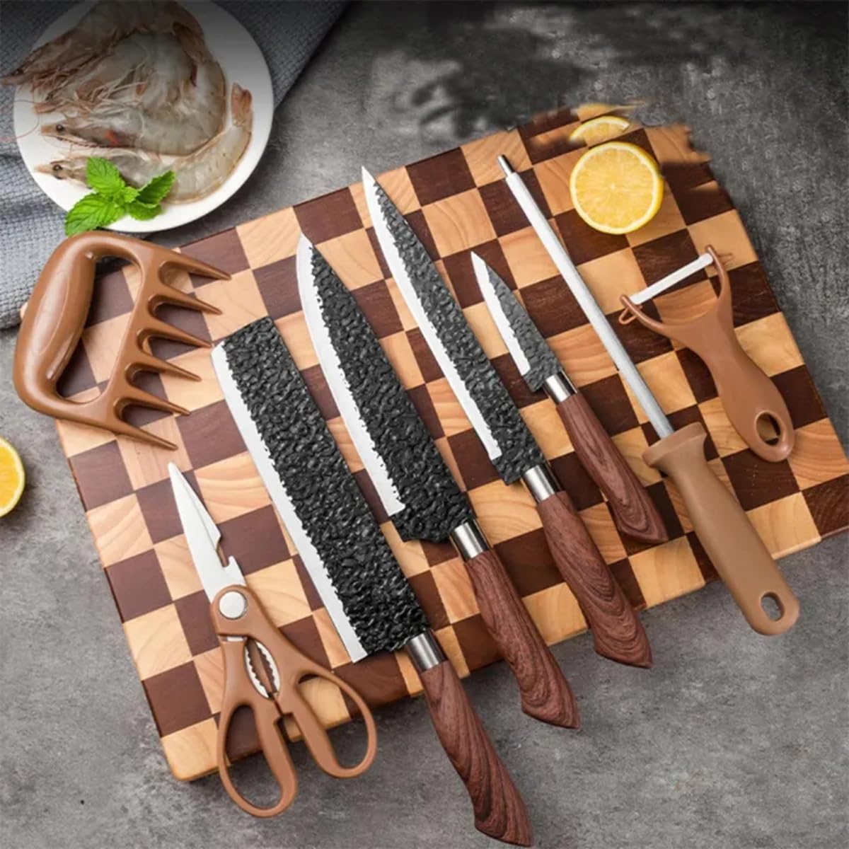 Kit Churrasco Madeirado Marrom Conjunto de 08 Peças Facas Gourmet Corte Navalha Antiaderente Premium T2X Soluções