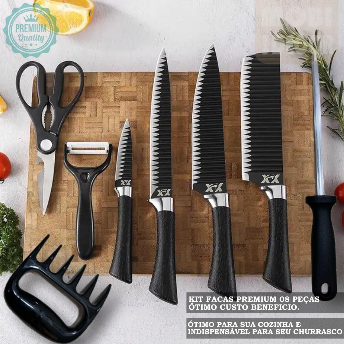 Kit Churrasco Madeirado Marrom Conjunto de 08 Peças Facas Gourmet Corte Navalha Antiaderente Premium T2X Soluções