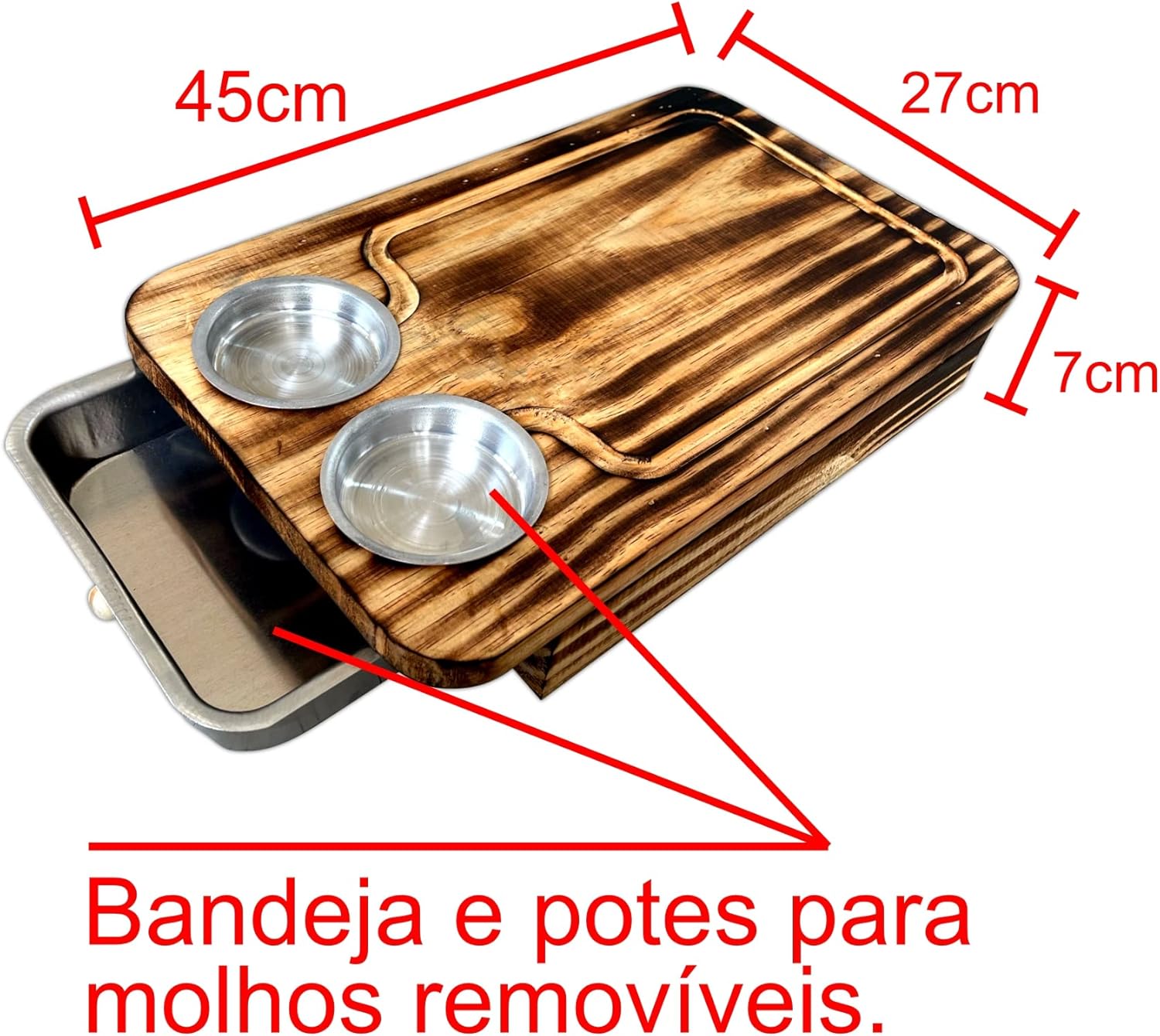 Kit Churrasco Premium com Tábua de Madeira Desenhada, 2 Potes Removíveis, Faca e Garra de Urso para Carne