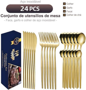 Talheres 24 Peças Aço Inox Faqueiros Com Colher Facas Garfo (Prata Eletrônica 24Peças)
