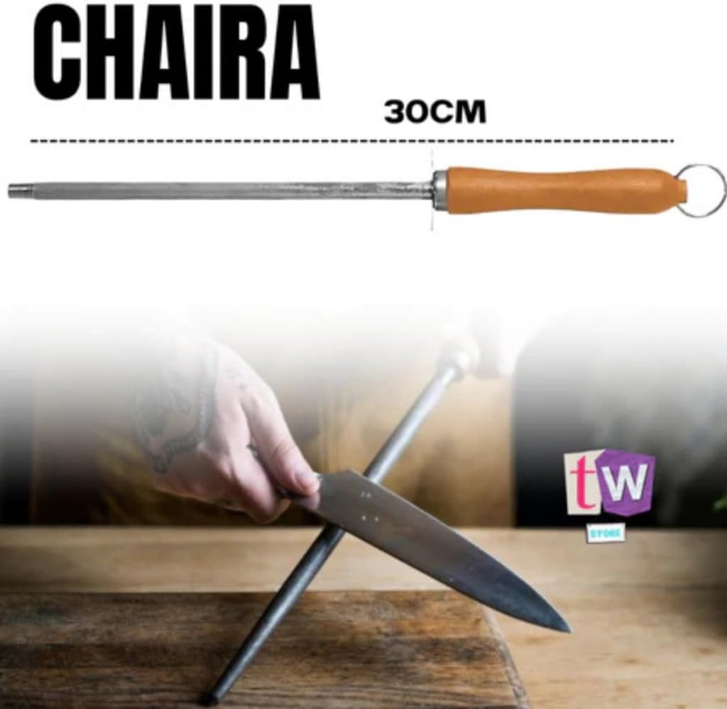 Kit para Churrasco 4 Peças, Faca, Garfo 26cm, Chaira, Tábua de Bambu com Sulco e Alça em Aço