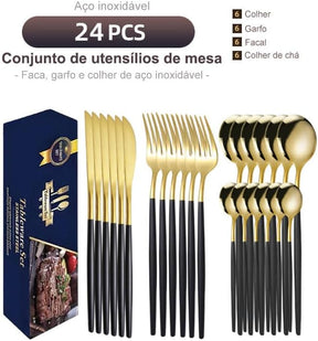 Talheres 24 Peças Aço Inox Faqueiros Com Colher Facas Garfo (Prata Eletrônica 24Peças)