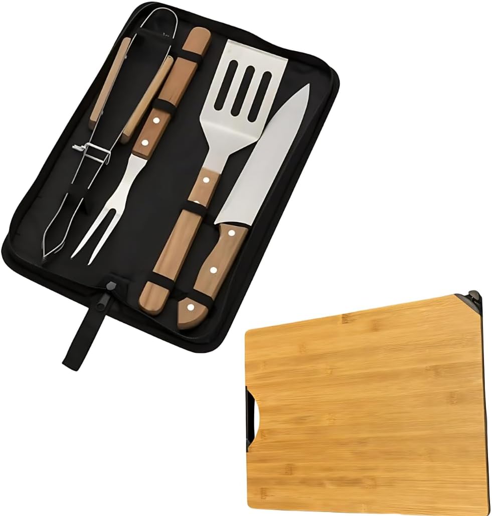 Kit Churrasco 5 Peças com Tábua de Corte em Bambu e Afiador Embutido – Faca, Garfo, Espátula, Pegador e Maleta – Presente para Amantes de Churrasco