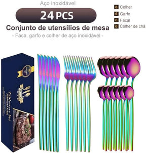 Talheres 24 Peças Aço Inox Faqueiros Com Colher Facas Garfo (Prata Eletrônica 24Peças)