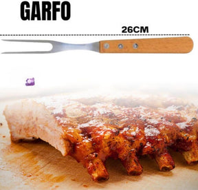 Kit para Churrasco 4 Peças, Faca, Garfo 26cm, Chaira, Tábua de Bambu com Sulco e Alça em Aço