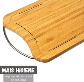 Kit para Churrasco 4 Peças, Faca, Garfo 26cm, Chaira, Tábua de Bambu com Sulco e Alça em Aço