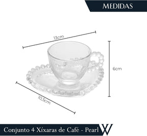 Conjunto 4 Xícaras de Café de Cristal com Pires Coração 85ml