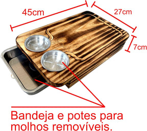 Kit Churrasco Premium com Tábua de Madeira Desenhada, 2 Potes Removíveis, Faca e Garra de Urso para Carne