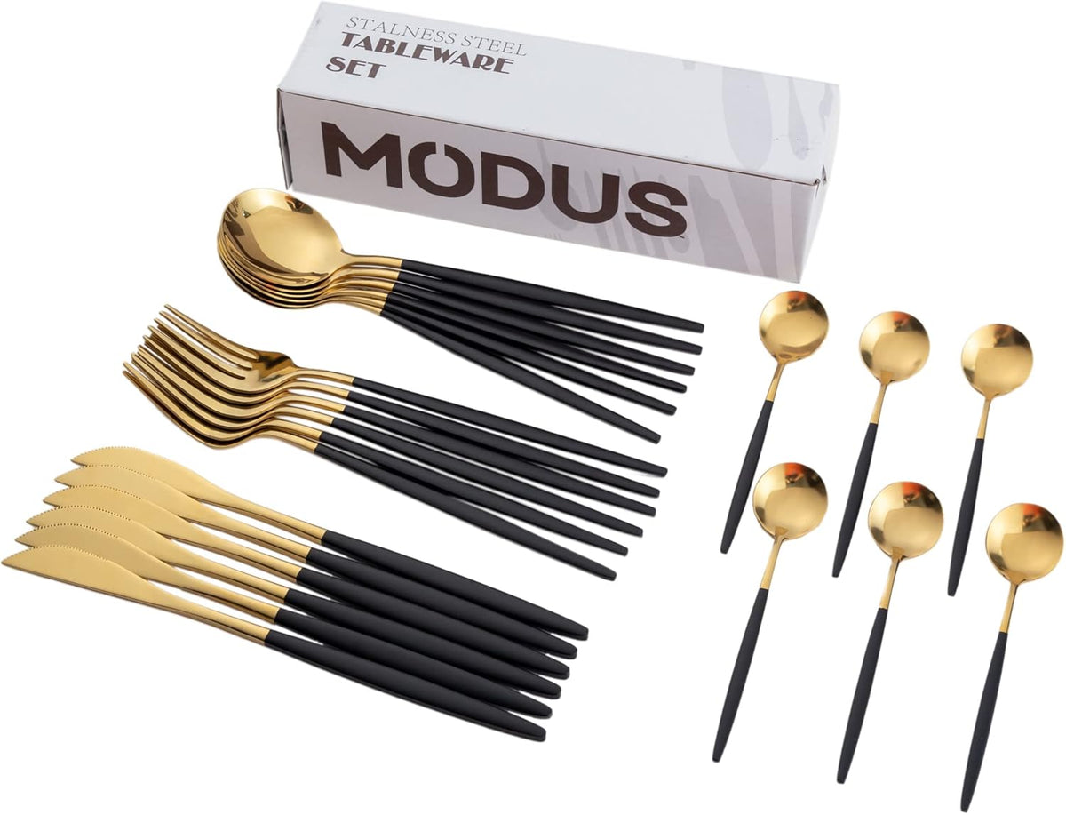 Conjunto De Talheres Aço Inoxidável 24 Peças Faqueiros Kits (Ouro Preto)