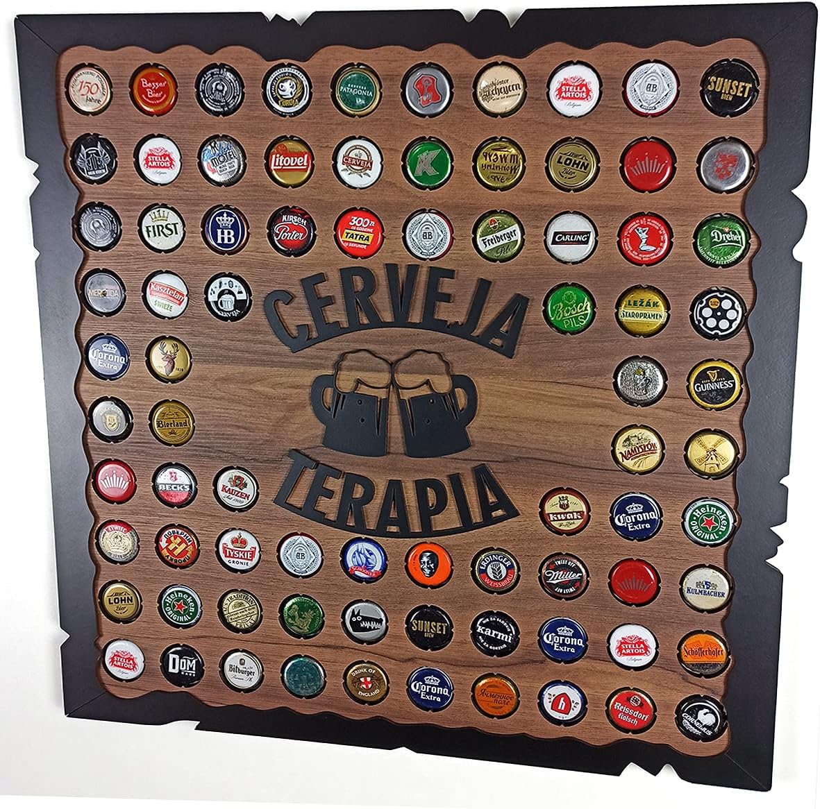 Quadro Porta Tampinhas Decorativo Para Sala Área de Festas Cantinho do churrasco - Cervejaterapia Cor Nogal